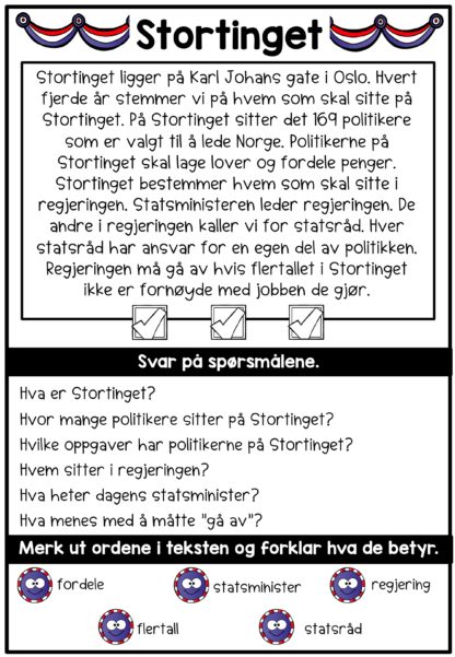 Lettlest tekst med lesehefte og oppgaver til leseforståelse om STORTINGET, VALGDAGEN OG POLITIKK I NORGE.