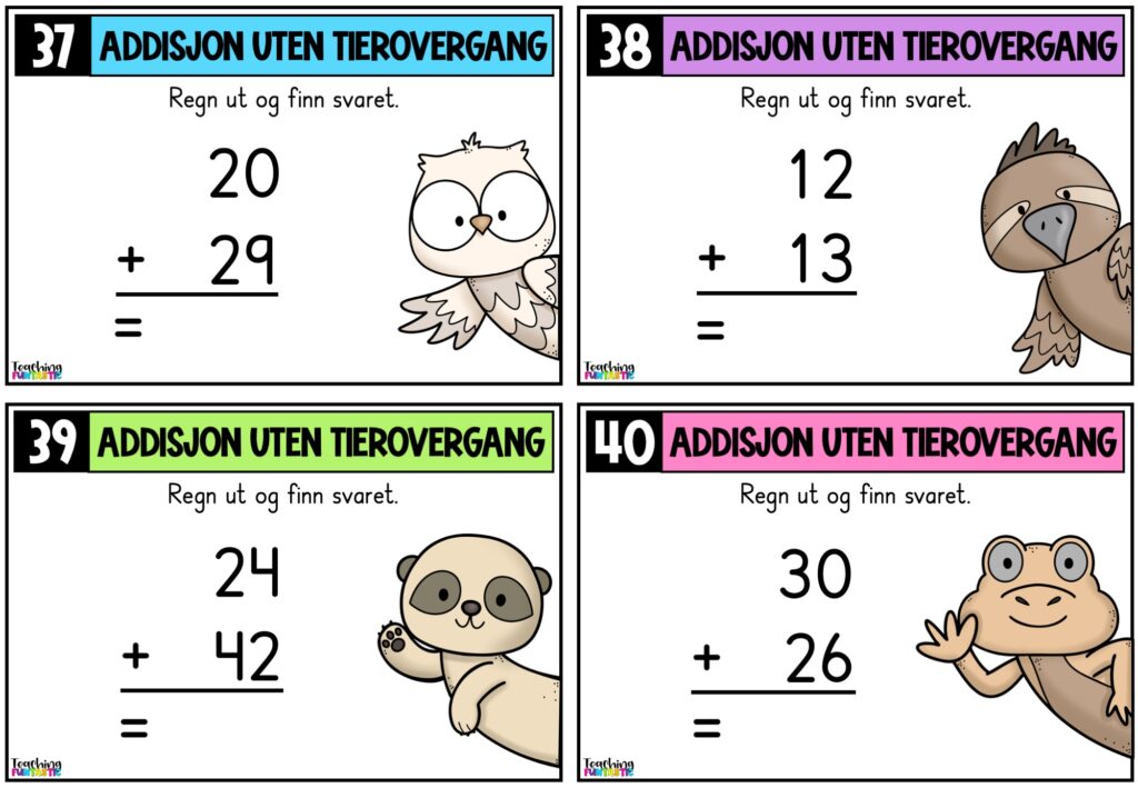 Oppgavekort matematikk – Addisjon med tallene til 100 - Teaching Funtastic