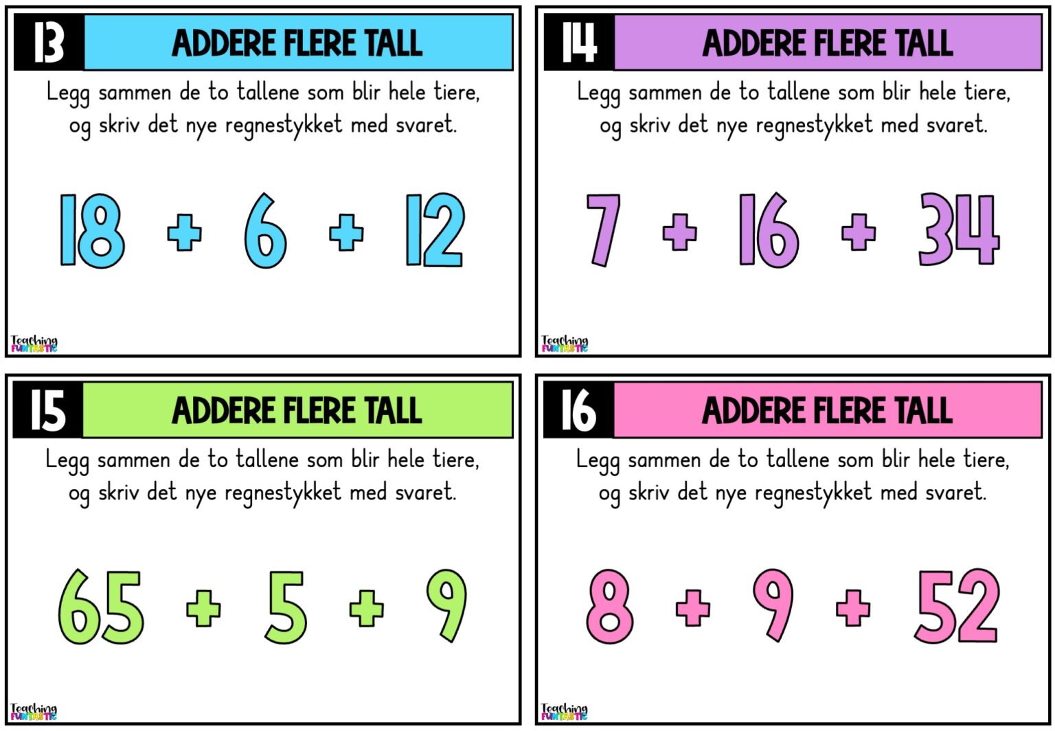 Oppgavekort matematikk for 2.trinn - Teaching Funtastic