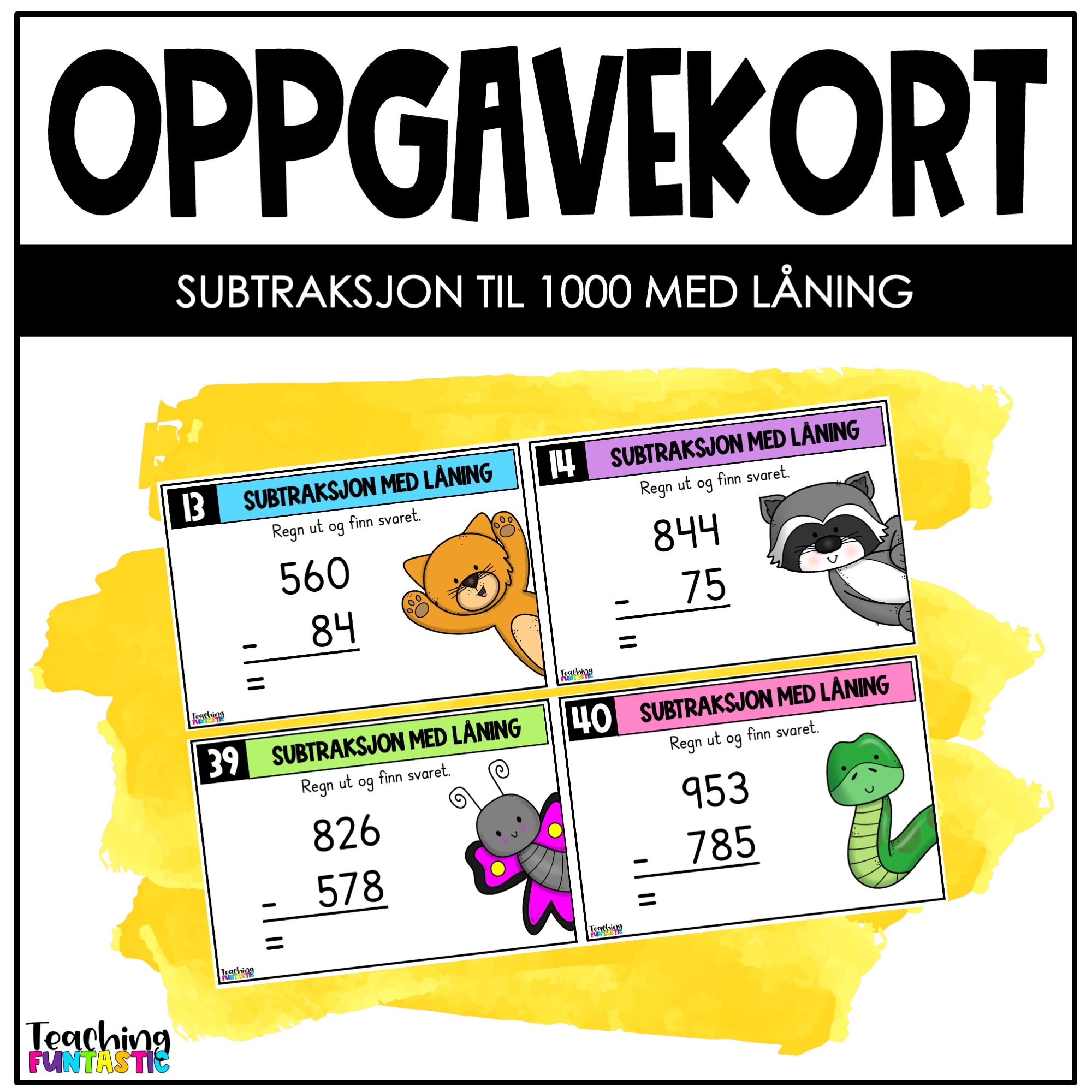 oppgavekort matematikk Subtraksjon tallene til 1000 med låning